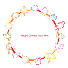 Chinese New Year Outline Icons Set On Round Frame, Traditional Celebration, China, Happy Chinese New Year