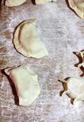 Prepared for cooking dumplings on a floured board.
