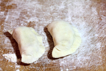 Prepared for cooking dumplings on a floured board.