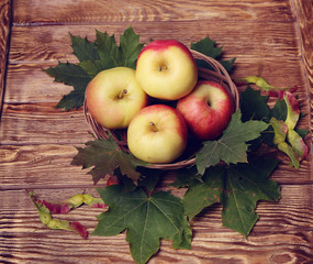 bottle of wine, glass, leaves, wooden