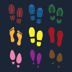 Set of footprints and shoes, vector