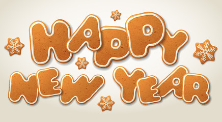 Happy New Year. Greeting card template. Vector inscription, the letters in the form of Christmas gingerbread, decorated with decorated white icing