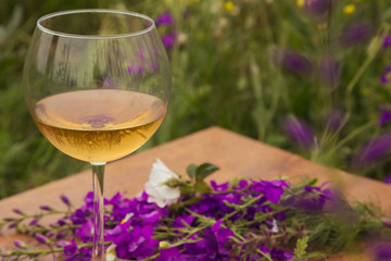 Wine glass against rural landscape, flower collection