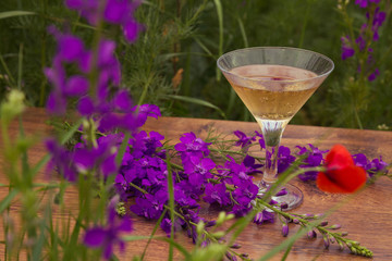 Wine glass against rural landscape, flower collection