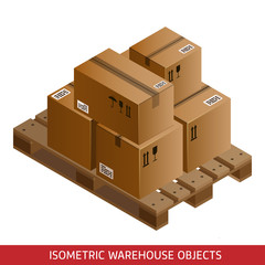 Set of isometric cardboard boxes and pallet. 3D warehouse equipment. Industrial pallets and boxes for warehouse. Isometric packages.