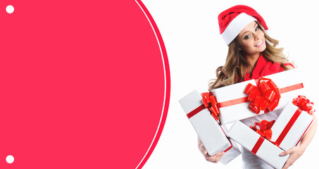 Woman in Christmas hat with gifts. Space for text.