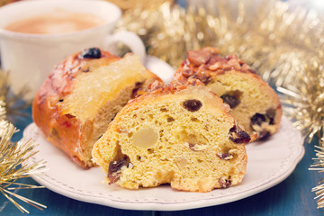 Christmas cake with dry fruits on white plate