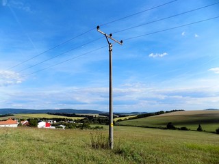 Power line column on meadow