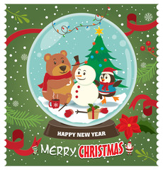 Vintage Christmas poster design with snowman & bear