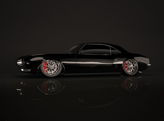 Black tuned muscle car on black background
