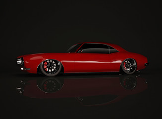 Red tuned muscle car on black background