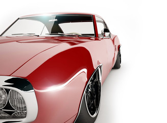Red tuned muscle car on white background.