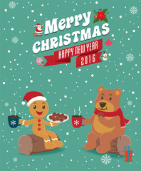 Vintage Christmas poster design with gingerbread & bear