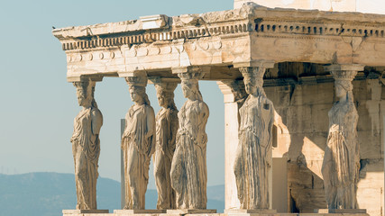 Caryatids at Acropolis in Greece against the sky.
