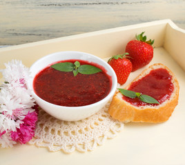 Canned strawberry confiture and jam sandwich