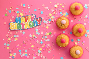 Cupcakes on pink background - happy birthday card 