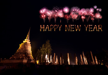 Fototapeta premium Happy New Year Fireworks celebrating over Sukhothai historical p