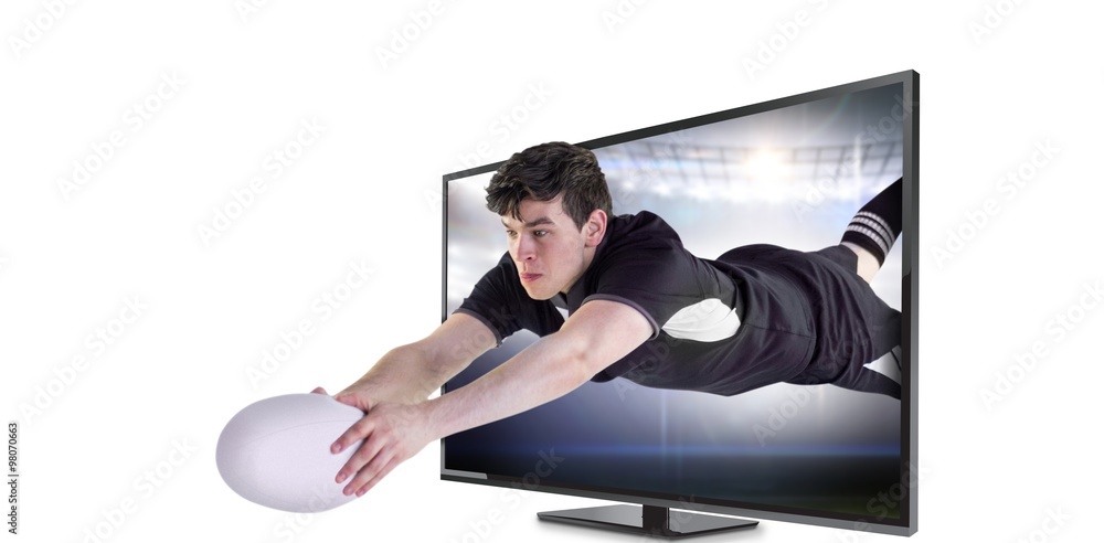 Poster composite image of a rugby player scoring a try