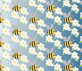 Happy Cartoon bee. Honey and flowers background. Vector