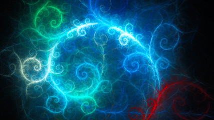 Obraz premium Christmas colorful patterns on frosty window. Stems of plants with flourish.. Abstract image. Fractal Wallpaper desktop. Digital artwork creative graphic design. Format 16:9 widescreen monitors.