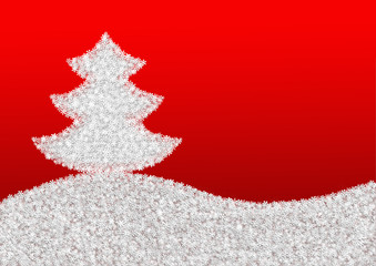 Red background with a Christmas tree made of snowflakes