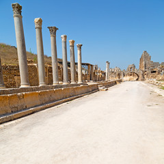 the column    old  stone  in  perge construction asia turkey and