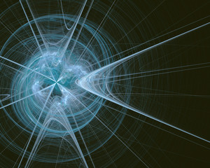 Abstract fractal design. Blue smoke spiral and star beams on bla