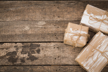 Christmas presents on wooden background