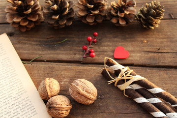 Pine cone border design on wooden background - copy space