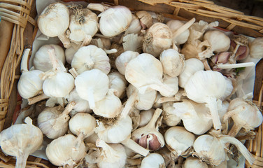 Basket with heap of white garlic