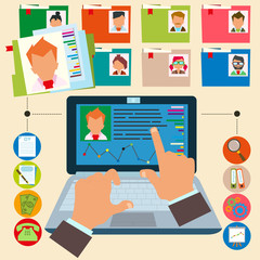 Fototapeta premium vector illustration concept of human resources management, finding professional staff, head hunter job, employment issue and analyzing personnel resume.infographics.