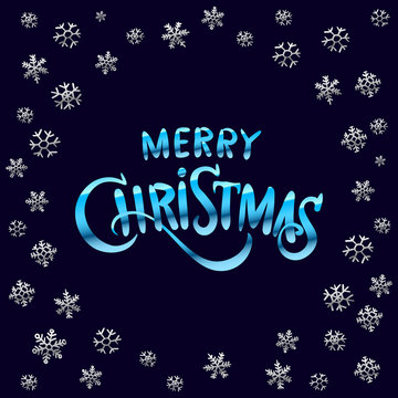Merry Christmas blue glittering lettering design. Vector illustration EPS 10