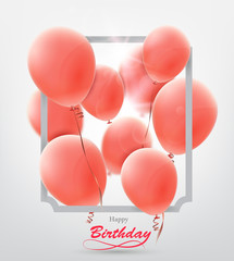Birthday greeting card with pink balloons and frame.