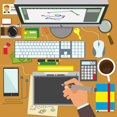 Flat modern design vector illustration concept of creative office workspace, workplace. 
Icon collection in stylish colors of business work flow items and elements, office things,equipment, objects. 
