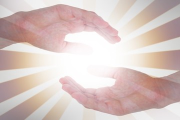 Composite image of woman presenting with her hand
