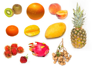 Set of fresh fruits over white background (kiwi, orange, peach, starfruit, mango, pinaple, dragonfruit, rambutan, longan)
