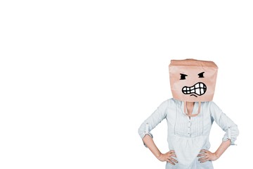 Composite image of woman covering head with brown paper bag 