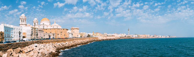 Panorama of Cadiz Cathedral and old town cityscape