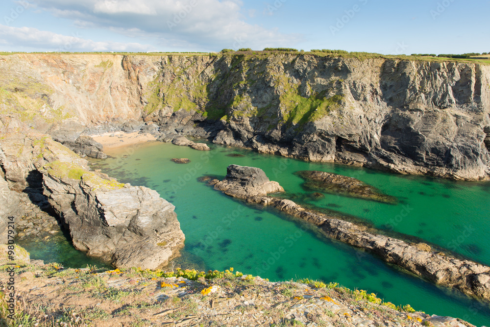 Wall mural English coast clear turquoise blue sea Fox Cove Cornwall between Treyarnon and Porthcothan