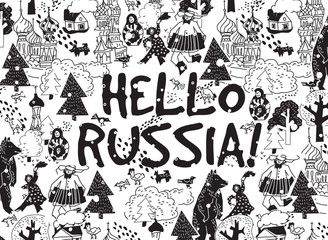Hello Russia black on white card snow and winter. 