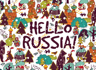 Hello Russia placard or color card snow and winter.