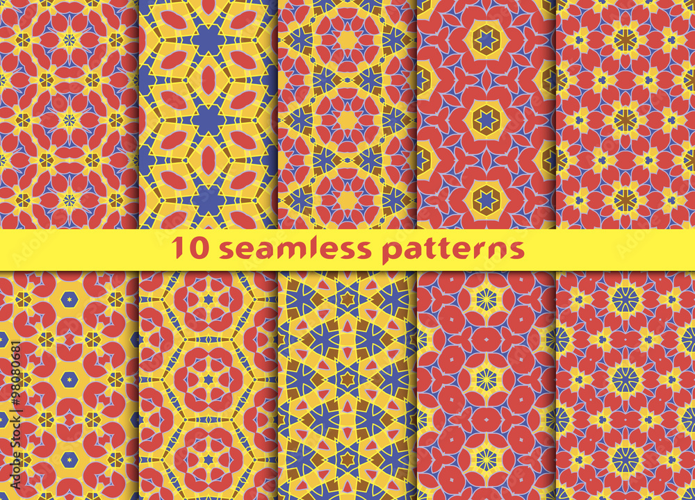 Poster set of ten complicated seamless patterns. stylish ornaments with swatch for filling.