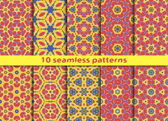 Set of ten complicated seamless patterns. Stylish ornaments with Swatch for filling.