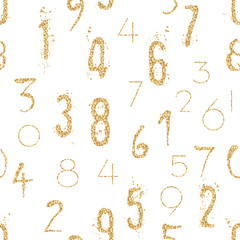 Numeral seamless gold pattern with glitter sparkle surface. Shimmer sequins digit white background.