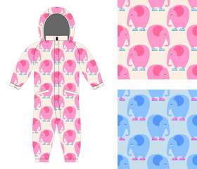 Jumpsuit child structure from cute elephant in shoes. Set of sea
