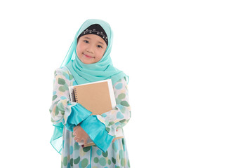 Asian muslim student holding books on white background isolated