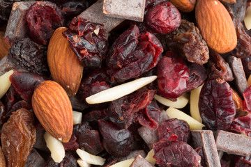 Chocolate plus nuts and cranberry trail mix close view