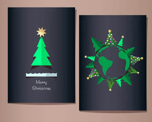 Christmas greeting cards set, vector illustration. Fir trees around the planet Earth, single fir tree on the other card. Dark blue background. Minimalistic paper cut style.