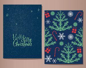 Holly Jolly Christmas greeting cards set, vector illustration. One can be used as a seamless pattern