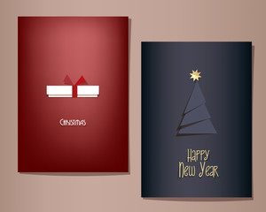 Christmas and New Year greeting cards set, vector illustration, white gift on a red background, fir tree on a dark blue background. Minimalistic style.
